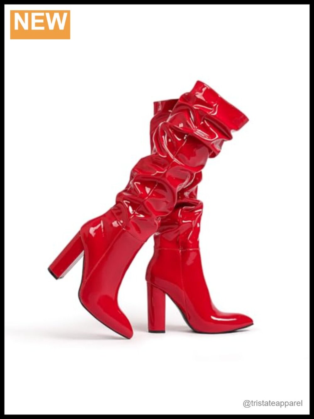 Patent Leather Knee High Chunky Heel Boots Pointed Toe Pull-On Slouched